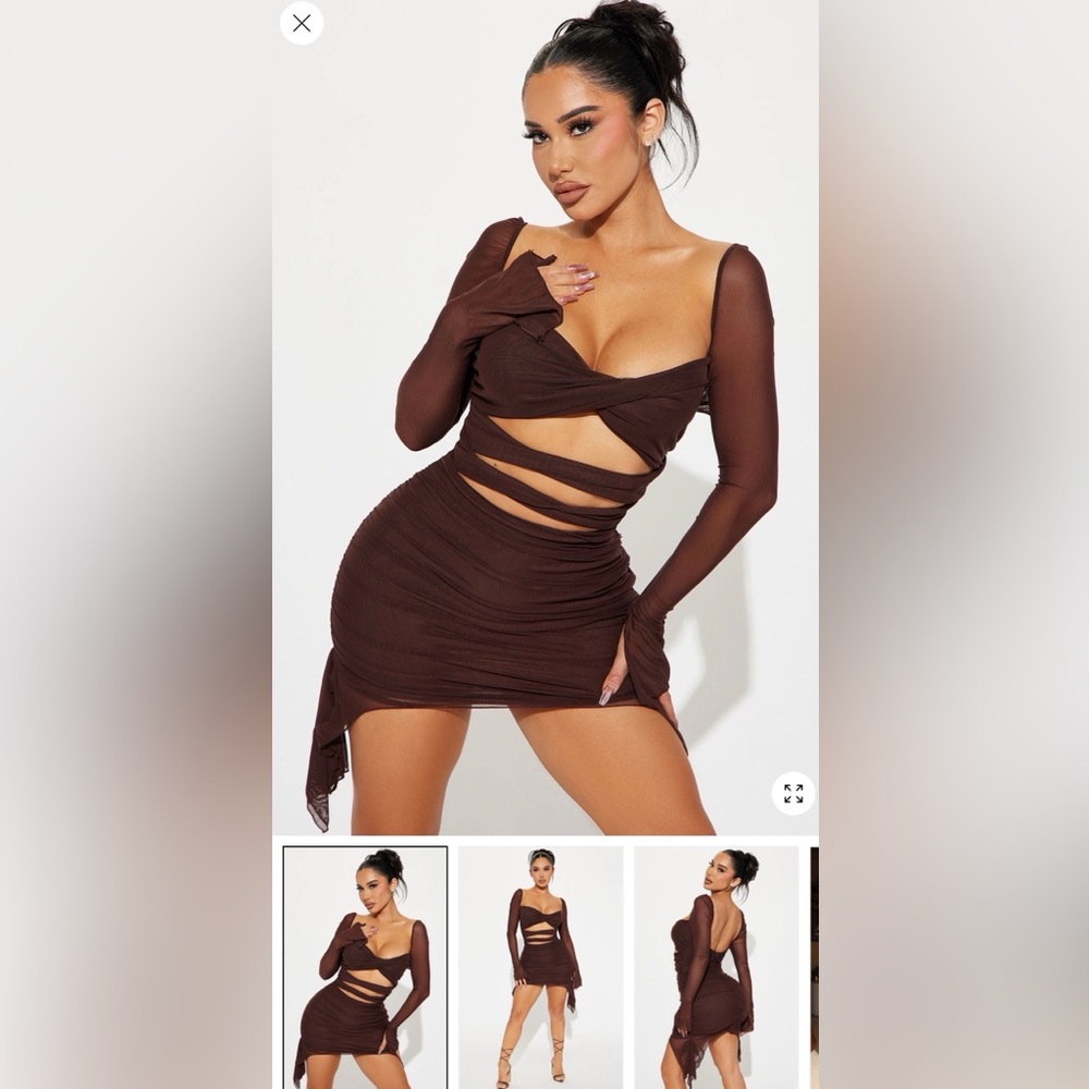 Fashion Nova Brown Long Sleeve Cutout Bodycon Dress